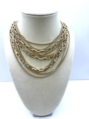 Layered Light Gold Tone Chain Necklace Multi Rows Vintage Western Germany